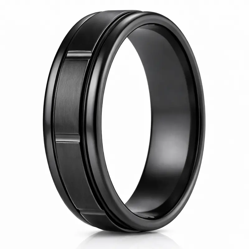7Mm Satin Black Titanium Men'S Wedding Band With Vertical Textured Cuts 1