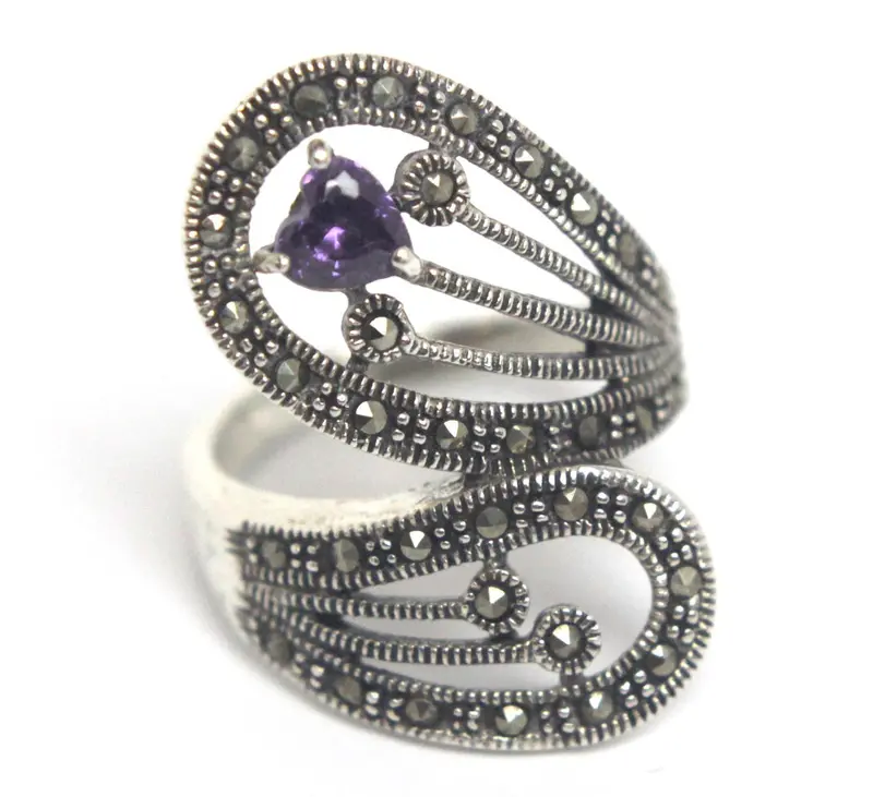 Amethyst And Marcasite Sterling Silver Ring – Size 8 1