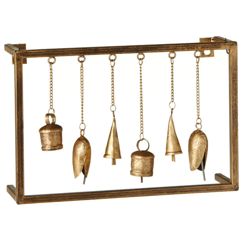 Antique Gold Framed Hanging Bell Wall Decor – Rectangular Chime Accent 1