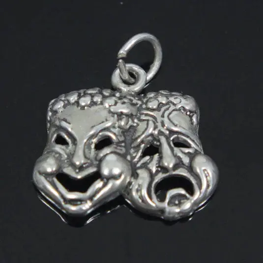 Antiqued Comedy And Tragedy Masks Charm, Oxidized Silver 1