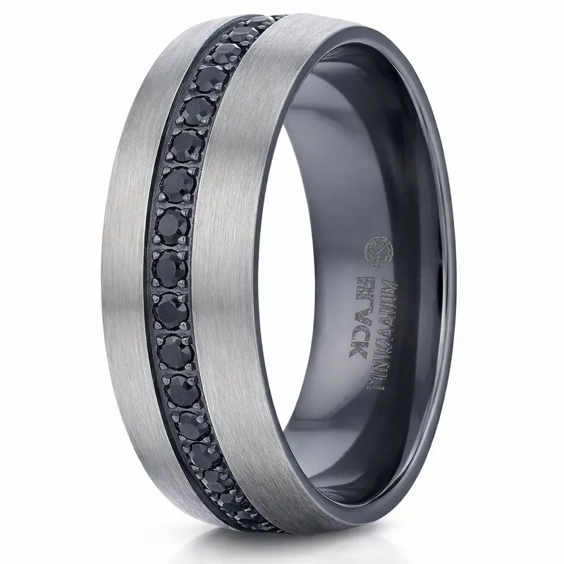 Aviator Titanium Wedding Band For Men – Domed Brushed Finish With Black Sapphire Inlay, 8Mm 1