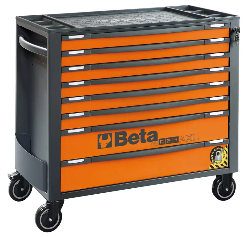 Beta Rsc24Axl/8-O Long-Profile 8-Drawer Mobile Roller Cabinet – Orange Finish With Anti-Tilt Safety 1