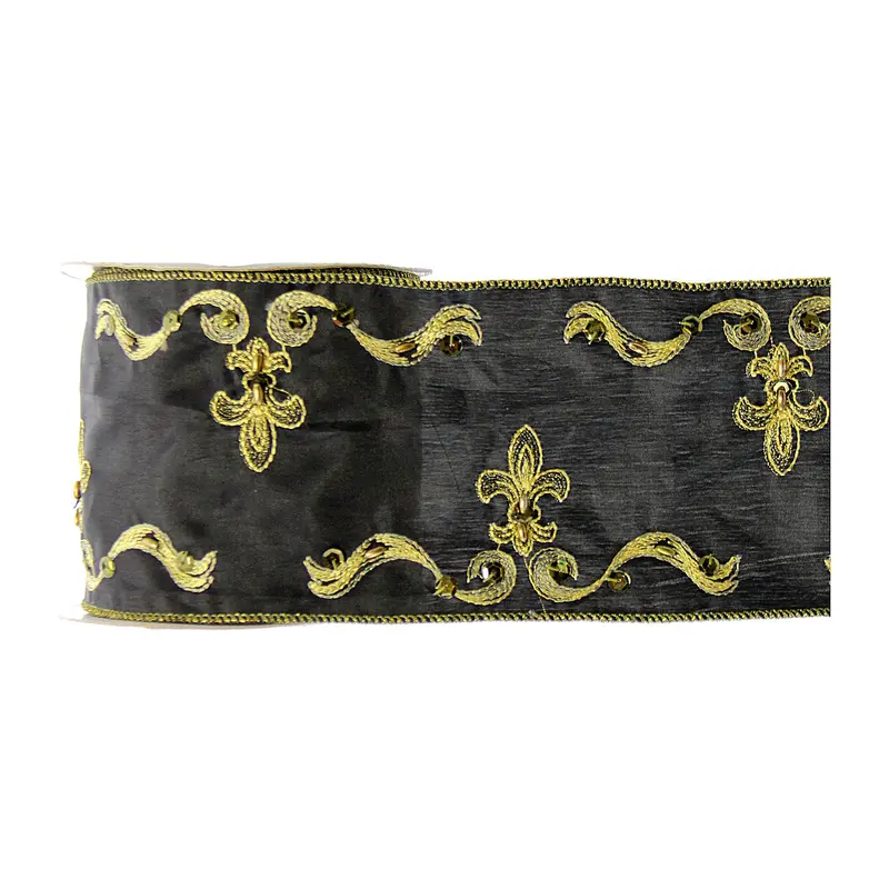 Black Embroidered Fleur-De-Lis Decorative Ribbon 1