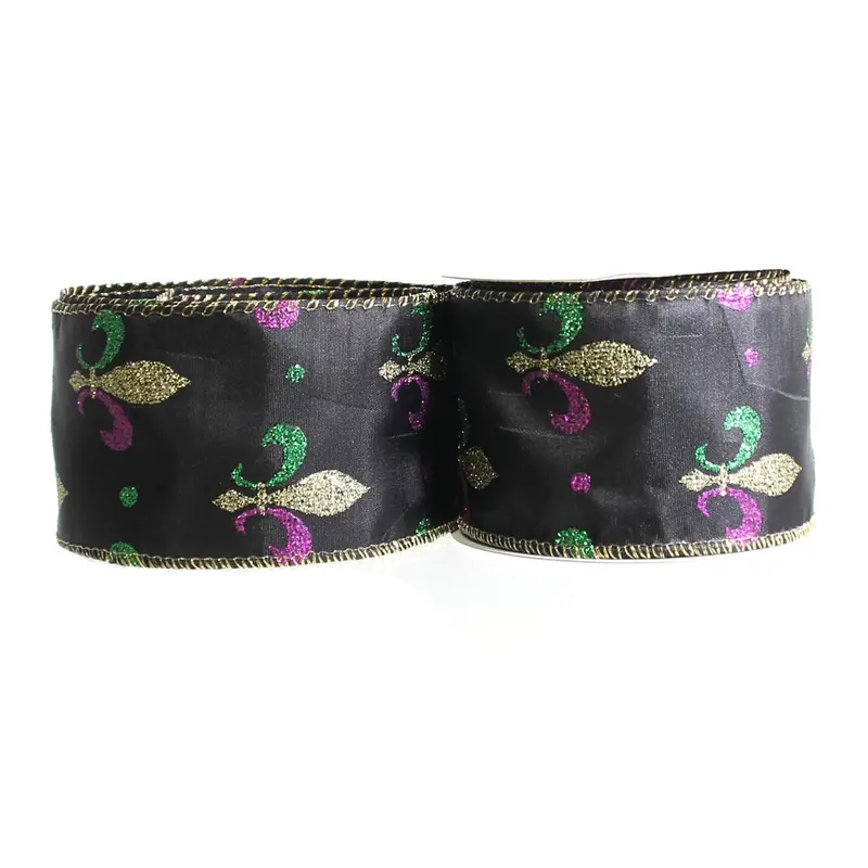 Black Fleur-De-Lis Wired Craft Ribbon For Mardi Gras Decor 1