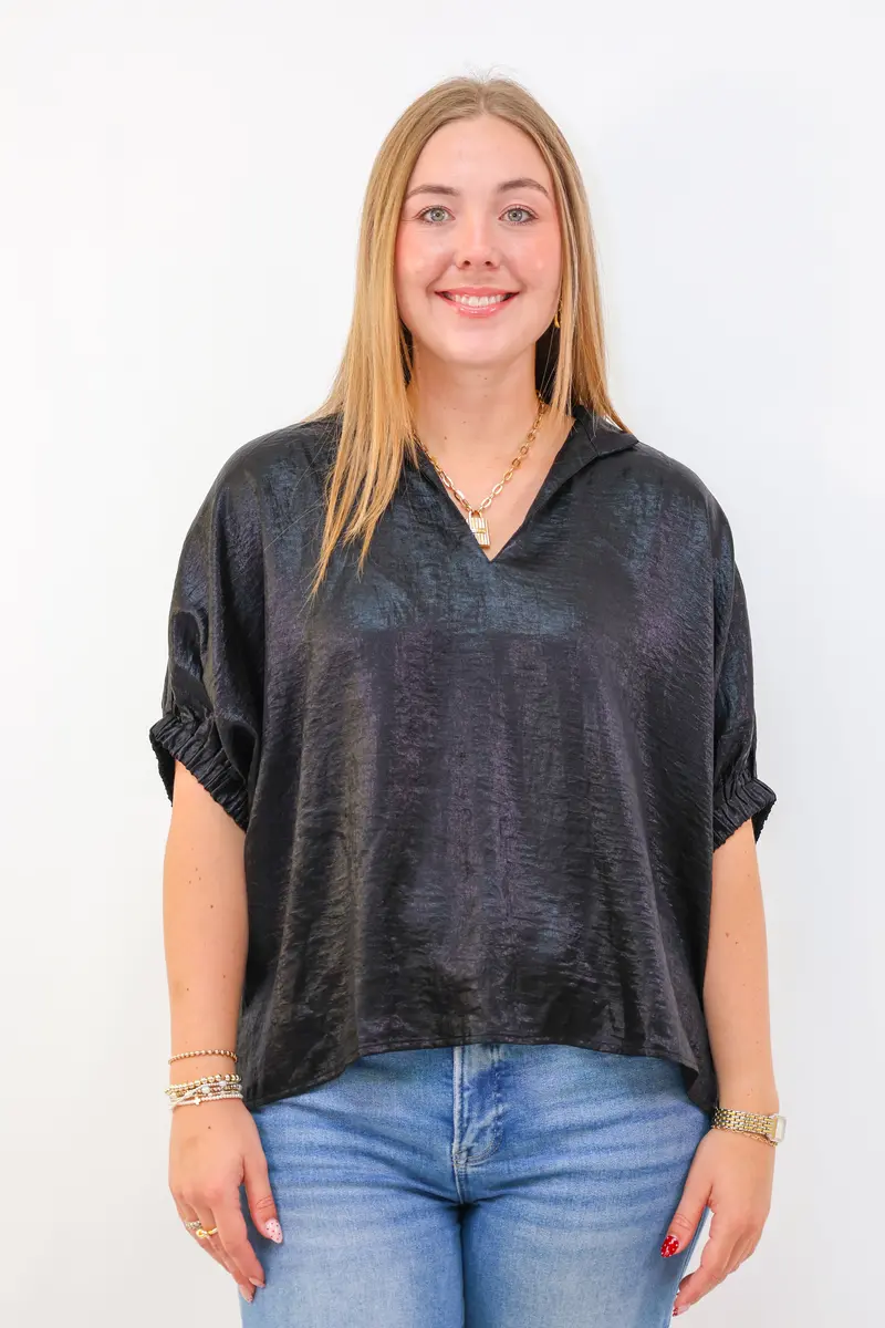 Black Metallic V-Neck Top With Dolman Sleeves 1