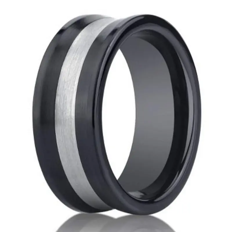 Blacksmith Men'S 8Mm Concave Black Ceramic Ring With Central Silver Accent Stripe 1