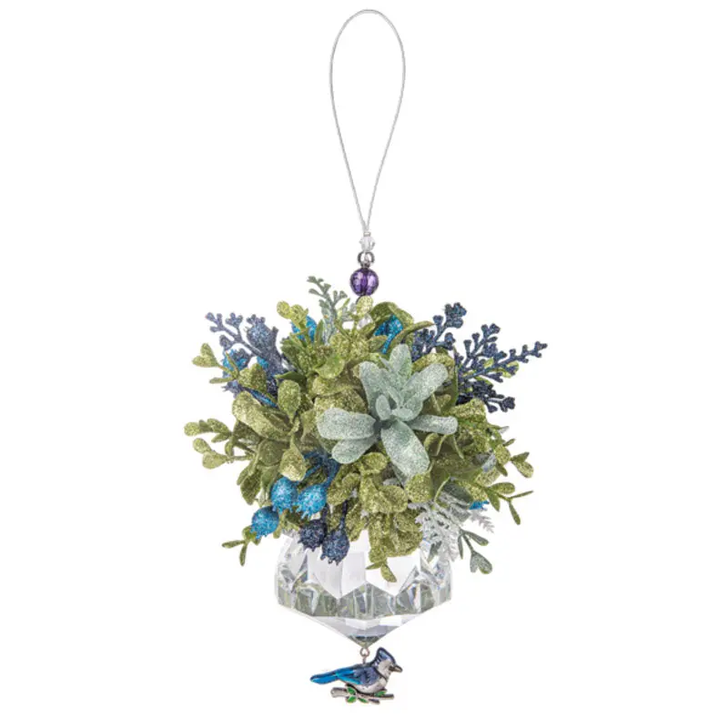 Blue Jay With Mistletoe Acrylic Ornament – 5" Tall, Kissing Crystals Detail 1