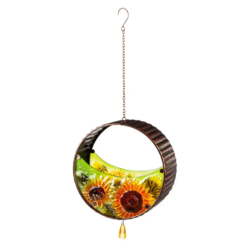 Bronze Hanging Bird Feeder Featuring Embossed Glass Sunflowers 1
