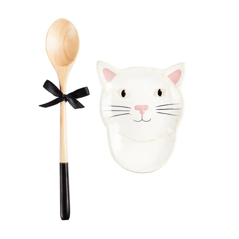 Ceramic Cat Spoon Rest With Complementary Wooden Spoon 1