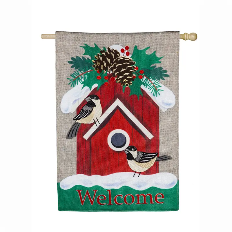 Chickadee Holiday Garden Flag – Burlap Design 1