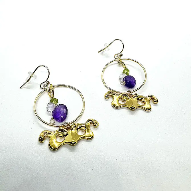 Circular Frame Theater Mask Earrings In Amethyst And Peridot 1