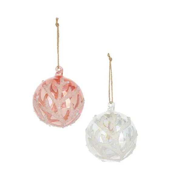 Coral Glass Ball Ornament – Pearl-Embellished Holiday Decoration 1