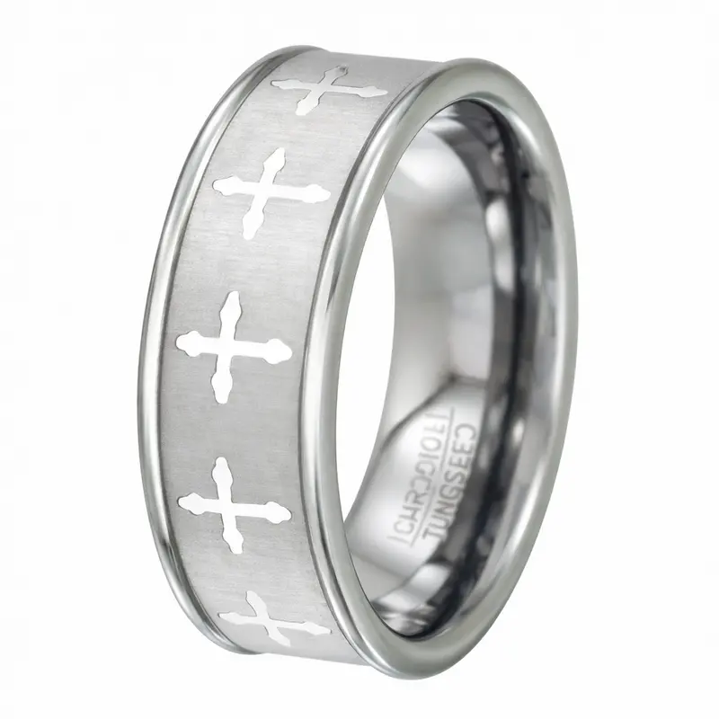 Crosshold Tungsten Ring: Laser-Etched Cross Design On Black Wedding Band – 8Mm 1
