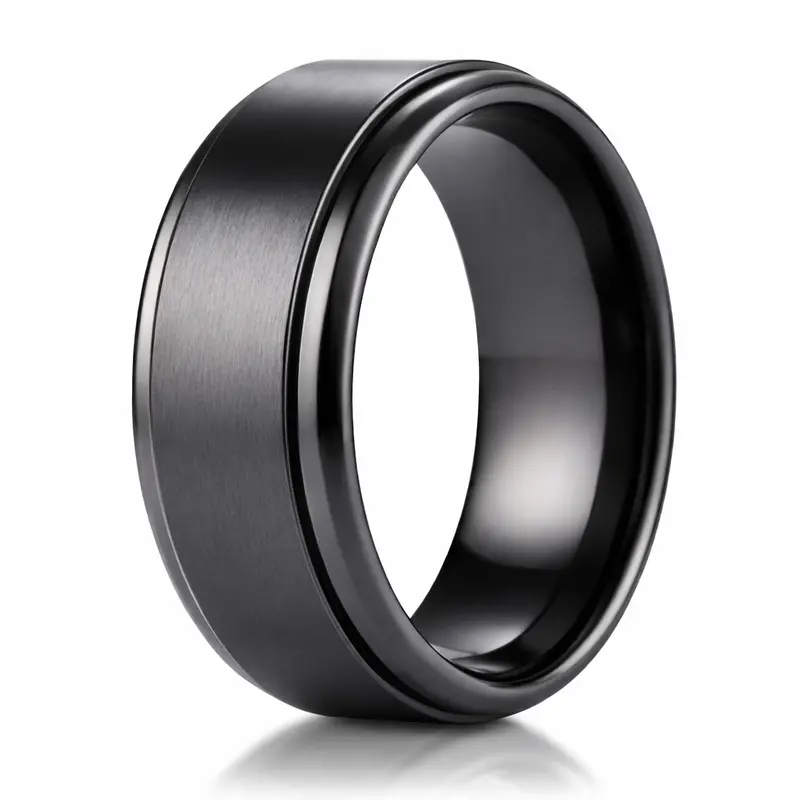 Duke Men'S 9Mm Black Satin Titanium Wedding Ring With Polished Step Edges 1