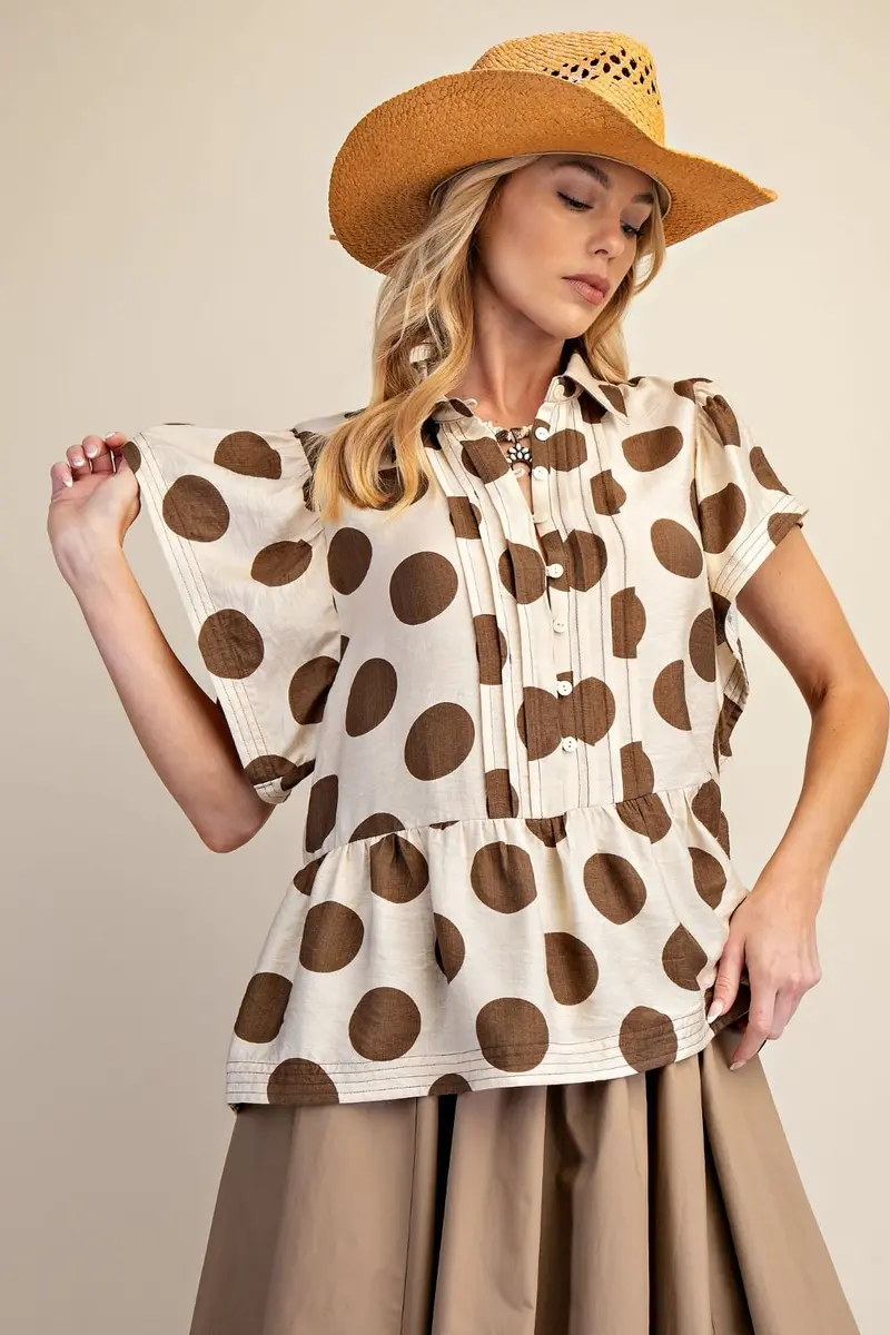 Easel Polka Dot Ruffle Button-Down Top 1