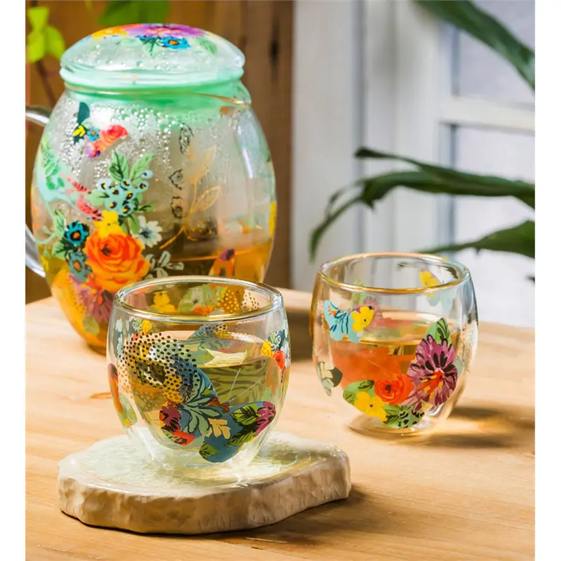 Elegant Glass Tea Set With Metallic Accents – 28 Oz, Brilliant Bouquet Collection 1