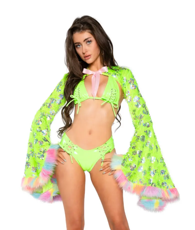 Faux Fur Trimmed Sequin Shrug – Bell Sleeve Style 1