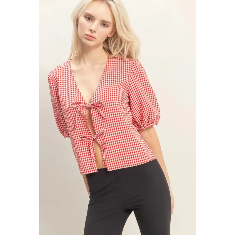 Gingham Red Puff-Sleeve Blouse With Bow Tie Detail 1