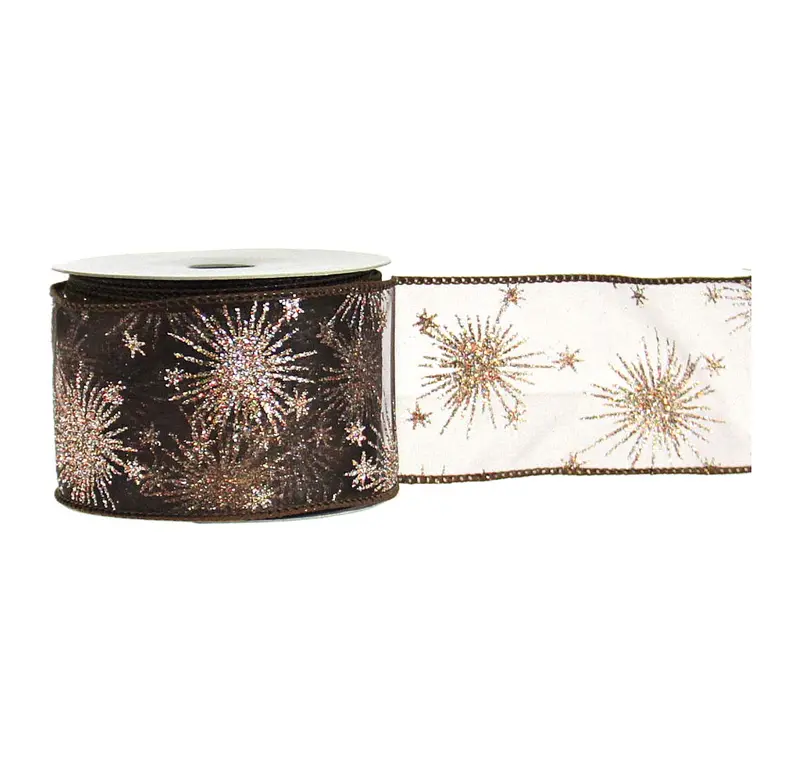 Glittered Starburst Sheer Brown Decorative Ribbon 1