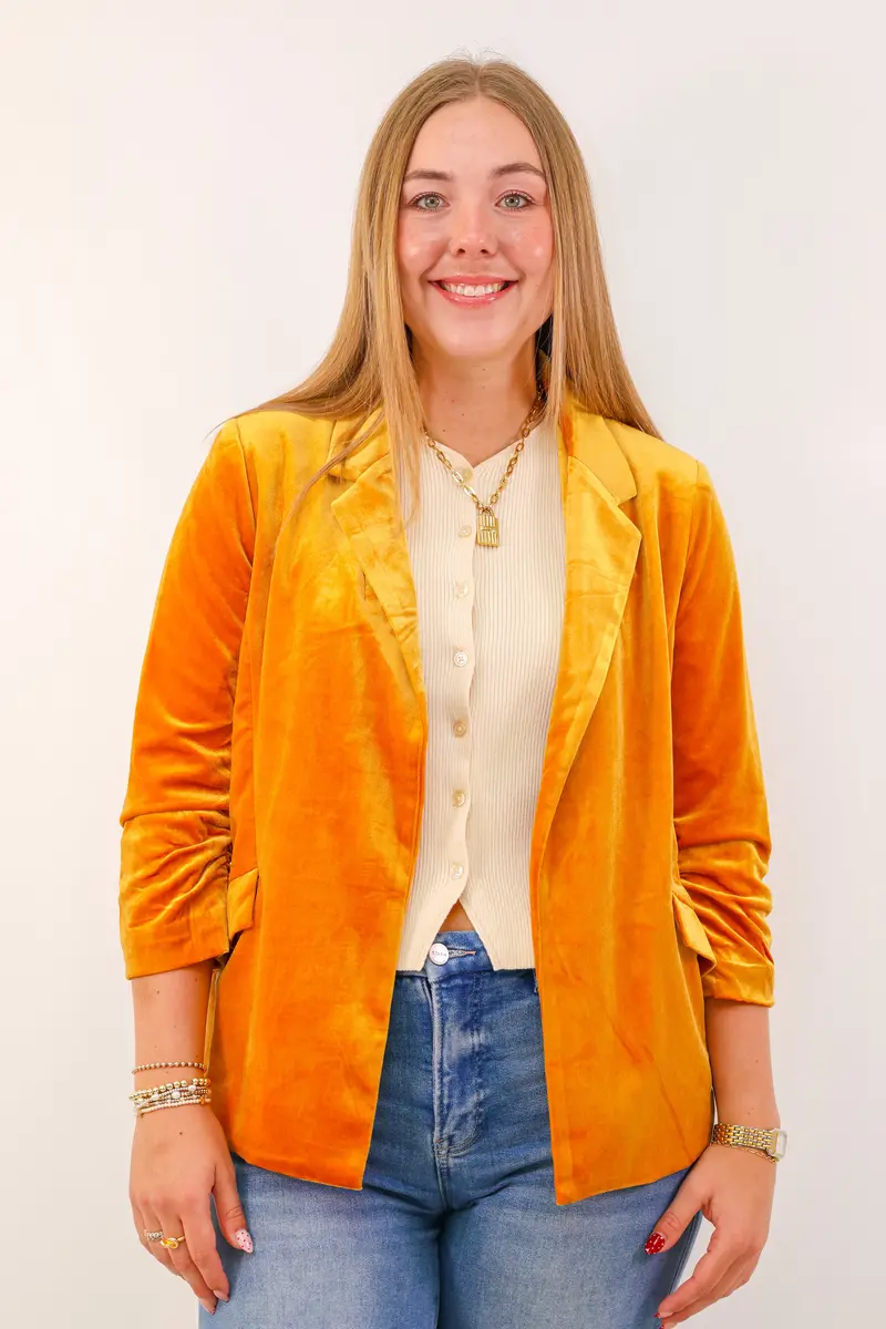 Golden Mustard Velvet Blazer With Sky-Inspired Name 1
