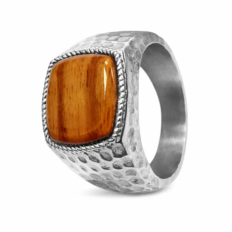 Hammered Stainless Steel Signet Ring With Cherry Wood Inlay – 13Mm 1