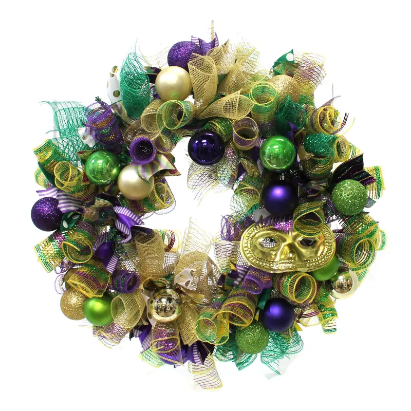Handcrafted Mardi Gras Wreath With Feathers & Beads 1