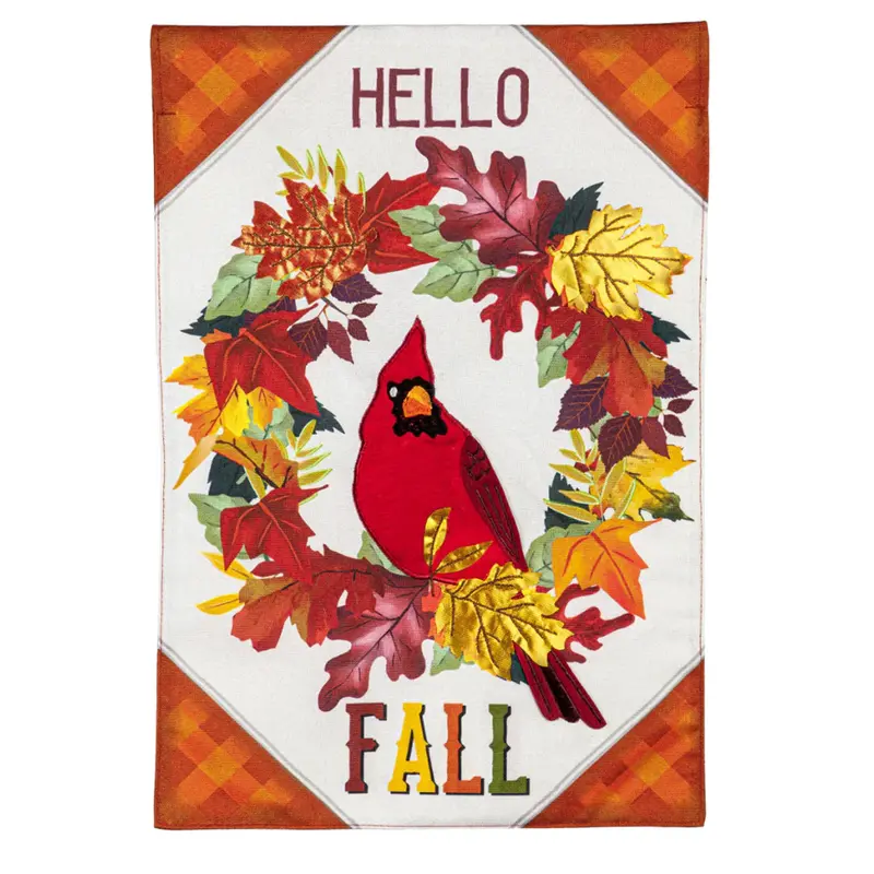 'Hello Fall' Cardinal House Flag – Front Porch Linen Banner 1