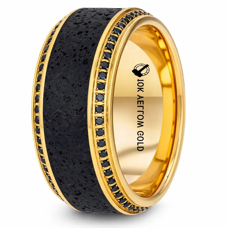 Hyperion Wide Wedding Band – 10Mm Lava Stone Inlay In 10K Yellow Gold, Featuring Round Black Diamonds And Beveled Edges 1