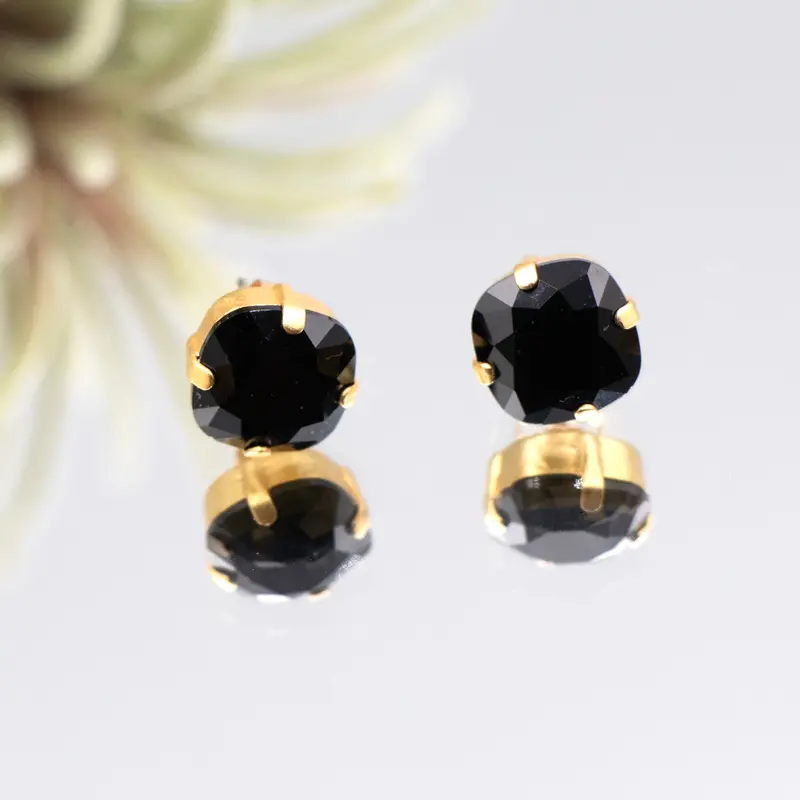 Jet Black Crystal Stud Earrings With Gold Plating 1