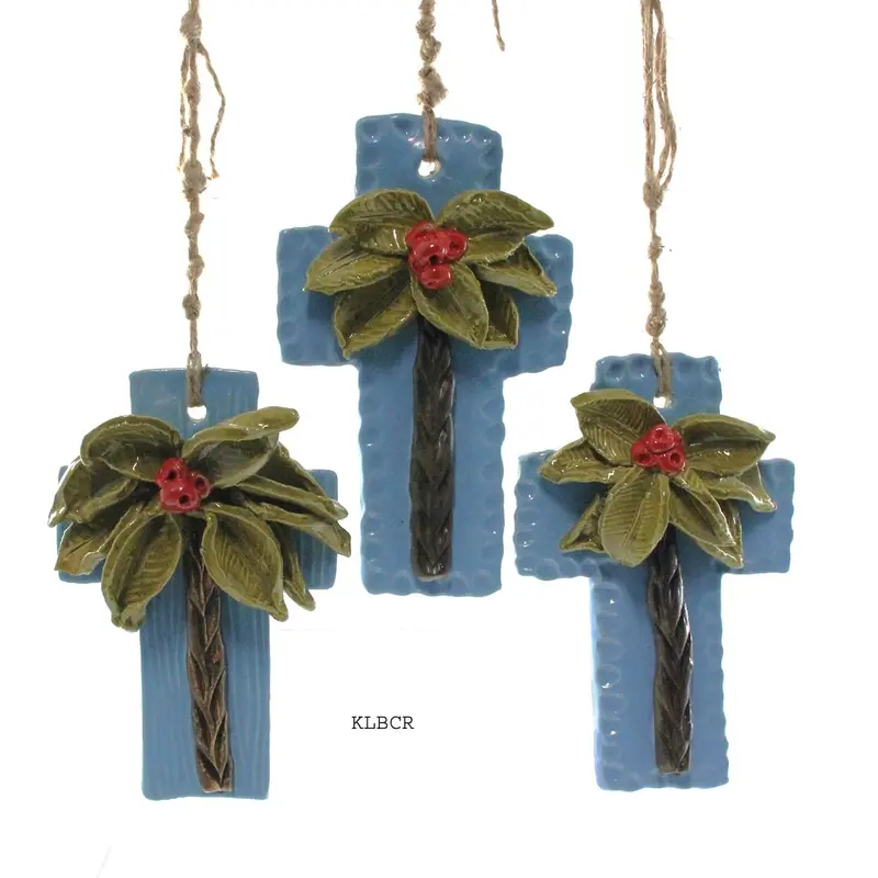 Kimberly Lang Medium Blue Cross Ornament With Red Berries 1