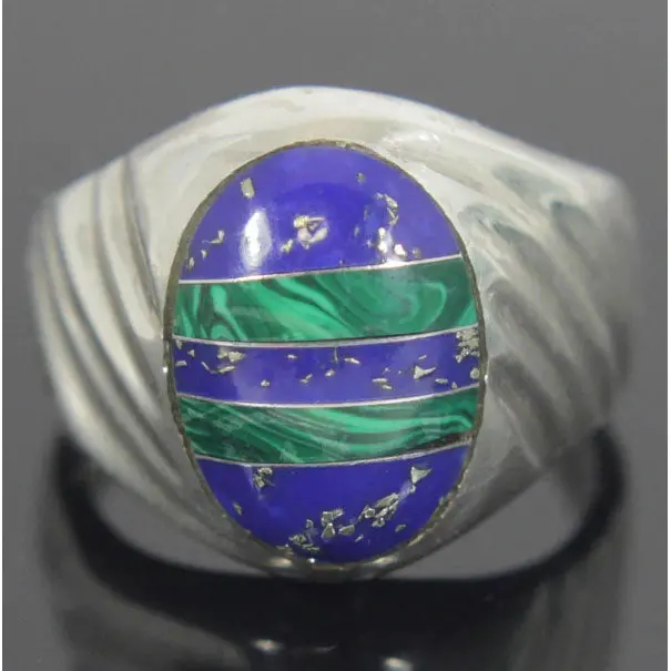 Lapis Lazuli And Malachite Sterling Silver Ring – Size 9.5 1