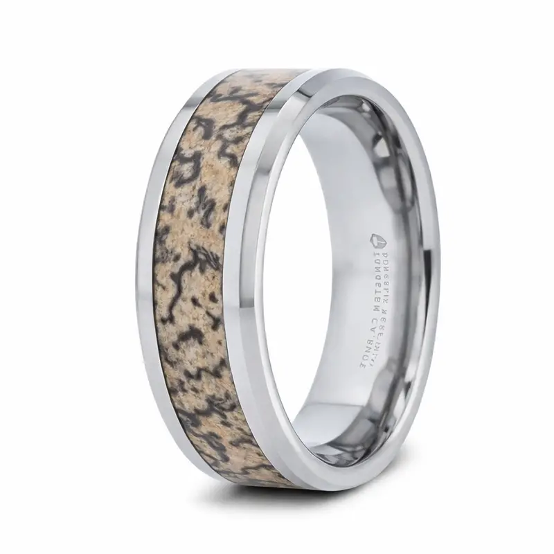 Men'S 8Mm Beveled Tungsten Carbide Ring Featuring Ordovician-Era Dinosaur Bone Inlay 1