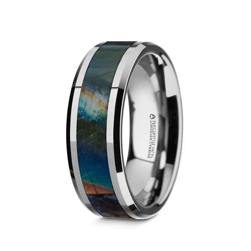 Men'S 8Mm Beveled Tungsten Carbide Ring With Spectrolite Stone Inlay 1