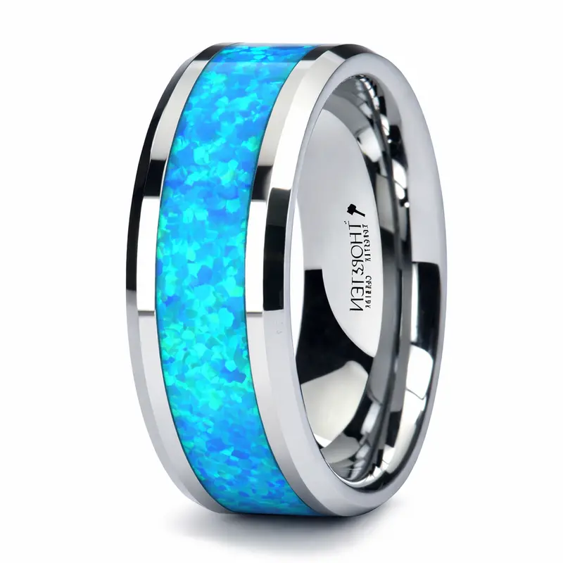 Men'S 8Mm Tungsten Wedding Band With Blue-Green Opal Inlay 1