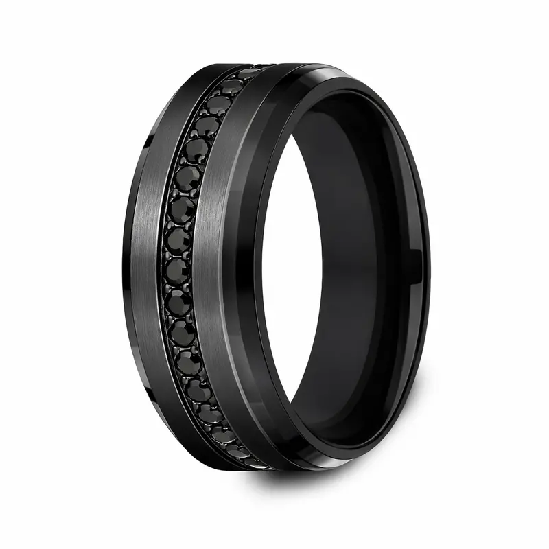Men'S Black Titanium Wedding Band With Beveled Edges And Channel-Set Black Cz Stones – 9Mm 1