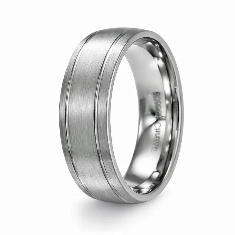 Men'S Cobalt Chrome Wedding Ring With Satin Texture And Dual Accent Grooves – 8Mm 1