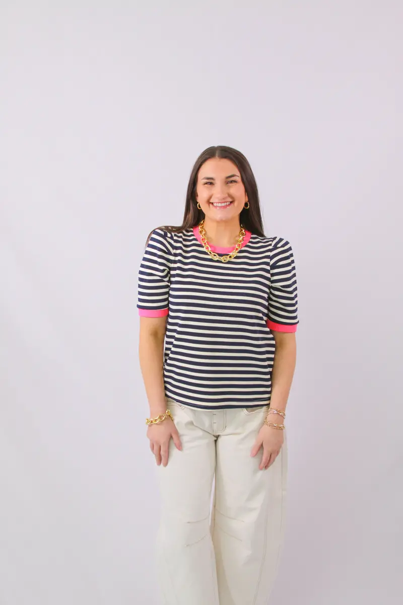 Navy Striped Knit Top With Nautical Charm 1