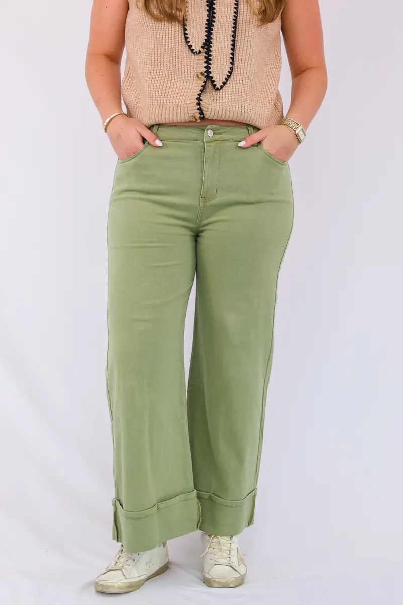 Olive Wide-Leg Cropped Trousers 1