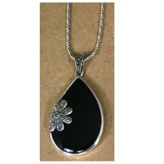 Onyx Teardrop With Marcasite Accents Sterling Silver Pendant 1