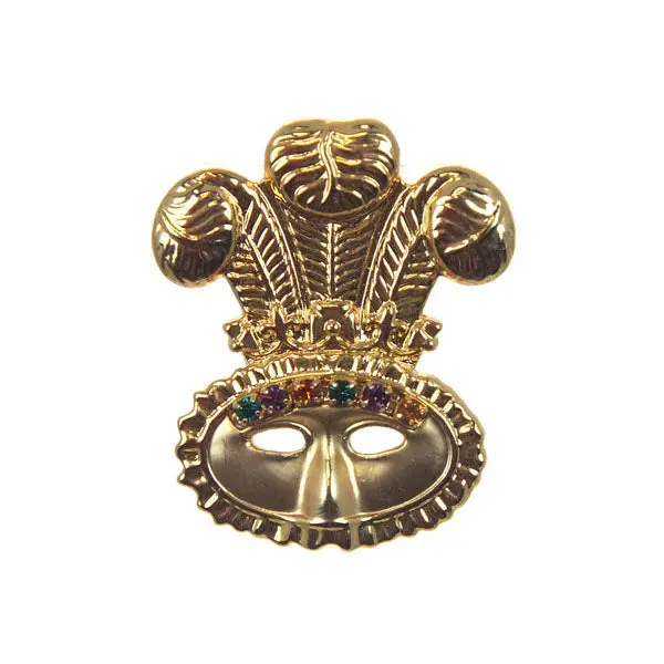Ornate Gold Mask Pin With Feather Plumes 1