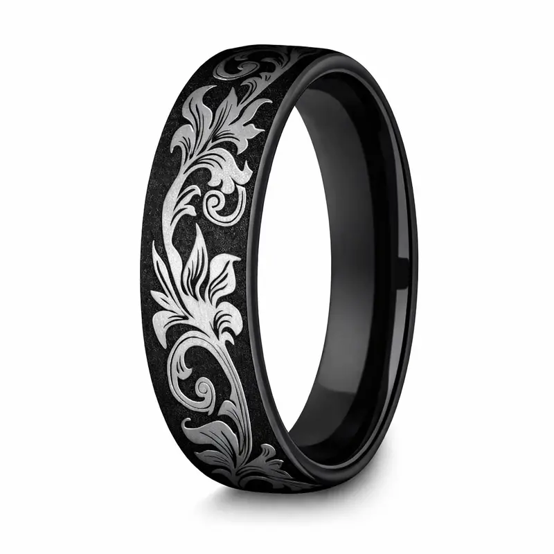 Palace 6.5Mm Black Titanium Wedding Ring Featuring Vintage Script Pattern 1