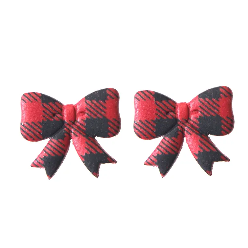 Red And Black Gingham Bow Stud Earrings 1