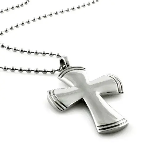 Rippled Christian Cross Pendant Necklace On 24-Inch Stainless Steel Chain 1