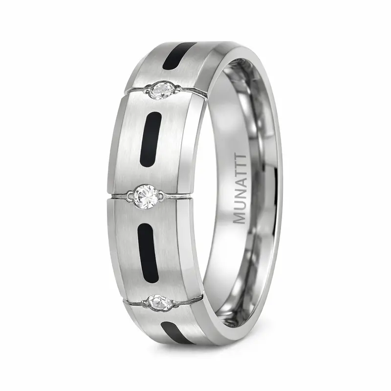 Rivet-Design Titanium Ring With Black Resin Inlay And Four Cz Stones – 7Mm 1