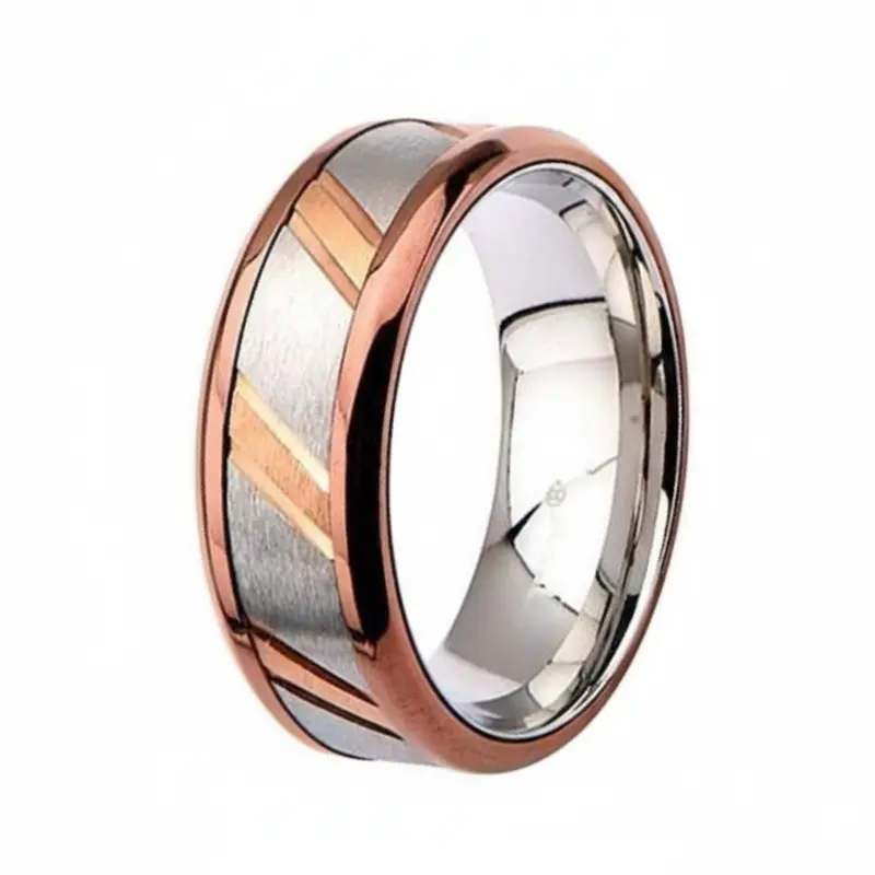 Rose Gold Ip Stainless Steel Ring – Diagonal Line Accent, 8Mm 1