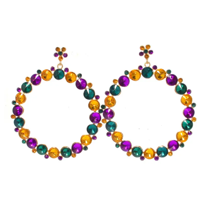 Round Crystal Earrings – Purple, Green & Gold Mardi Gras Style 1