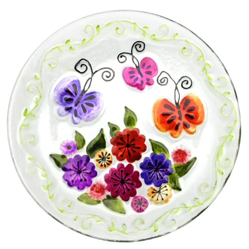 Round Glass Serving Platter Featuring Butterflies And Blooms 1