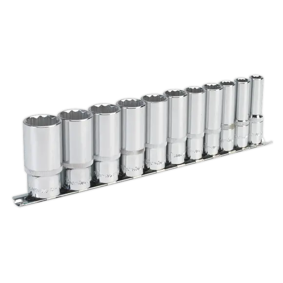 Sealey Ak2673 3/8" Drive 11-Piece Deep Imperial Bi-Hexagon Socket Set (5/16"–15/16") On Rail 1