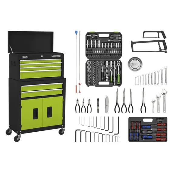 Sealey Ap22Hvgcombo 6-Drawer Topchest & Rollcab Kit In Hi-Vis Green + 170-Piece Tool Kit 1