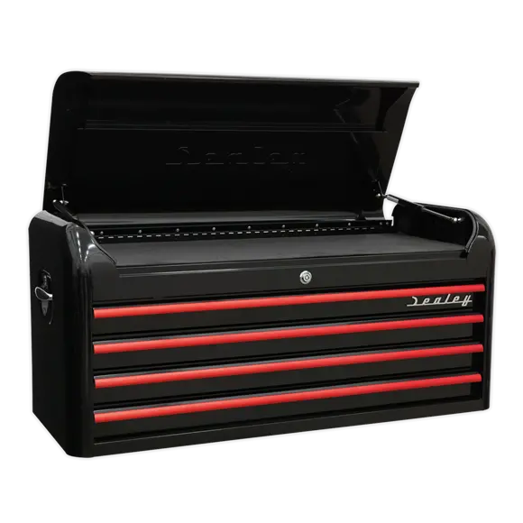 Sealey Ap41104Br 4-Drawer Wide Retro Topchest – Matte Black Cabinet With Red Anodised Pulls 1